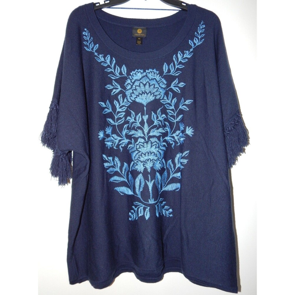 JM Collection Women's Sz 2XL Embroidered Fringe-Trim Poncho Top, Exclusive 79.50